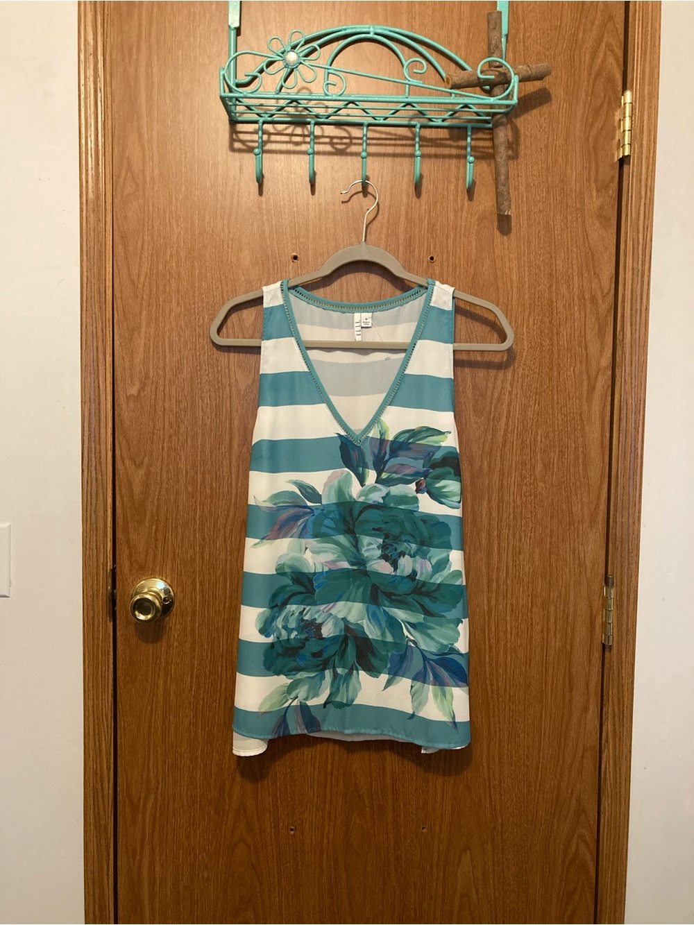 Elle Teal & White Striped Floral V-Neck Tank